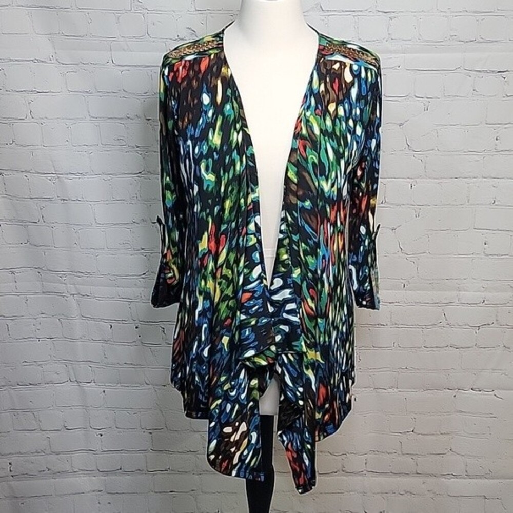 Premise Multicolor Cardigan Sz S Abstract Open Front Sequin Shoulders Preppy